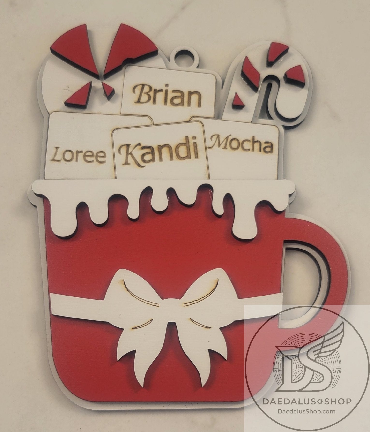 Personalized Multi-Layered Cocoa Mug Ornament with Up to Seven Names