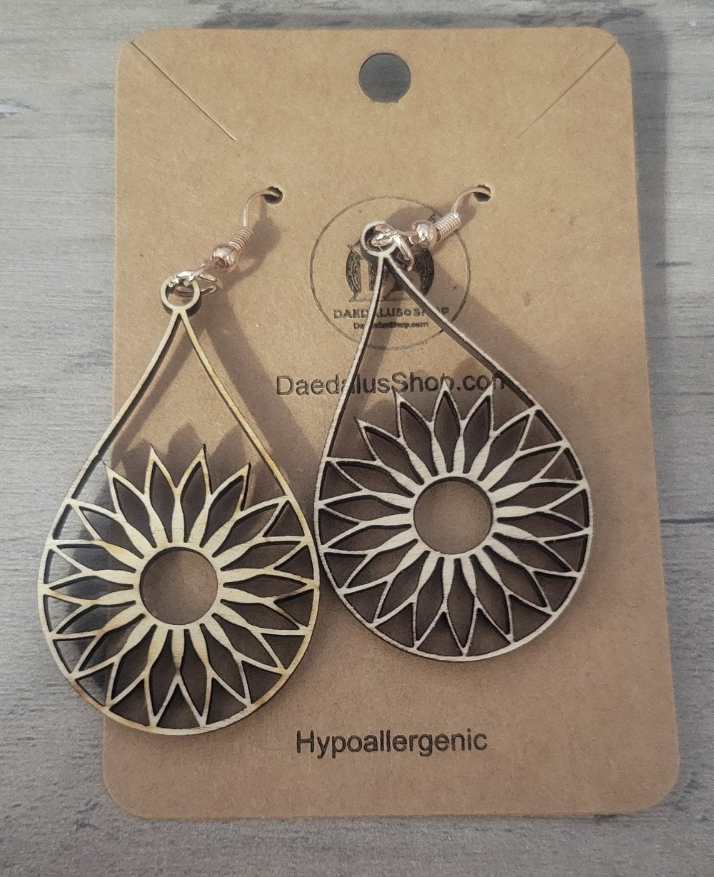 Wooden Cutout Earrings Daisy Teardrop 30mm x 50mm