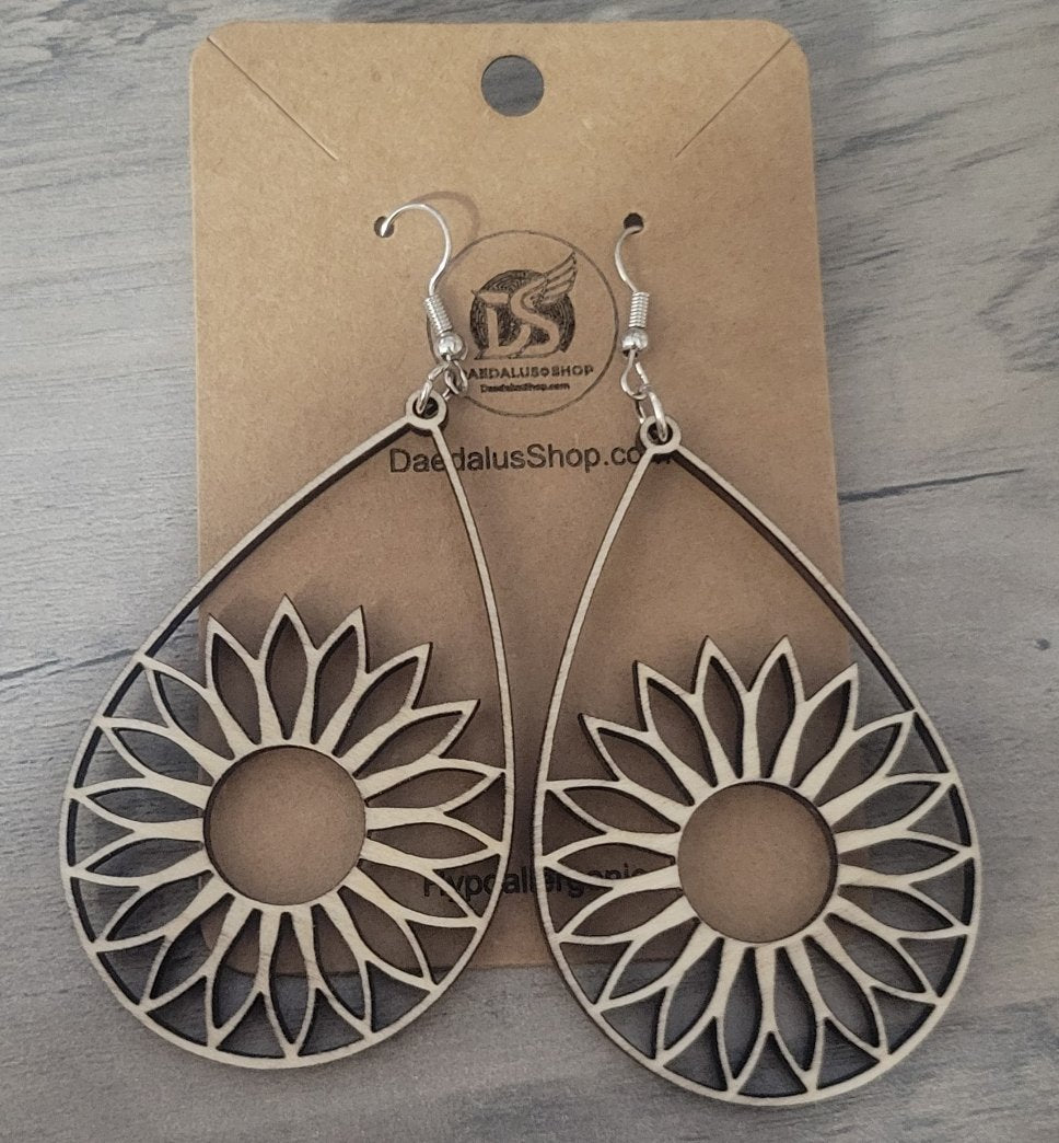 Wooden Cutout Earrings Daisy Teardrop 40mm x 62mm