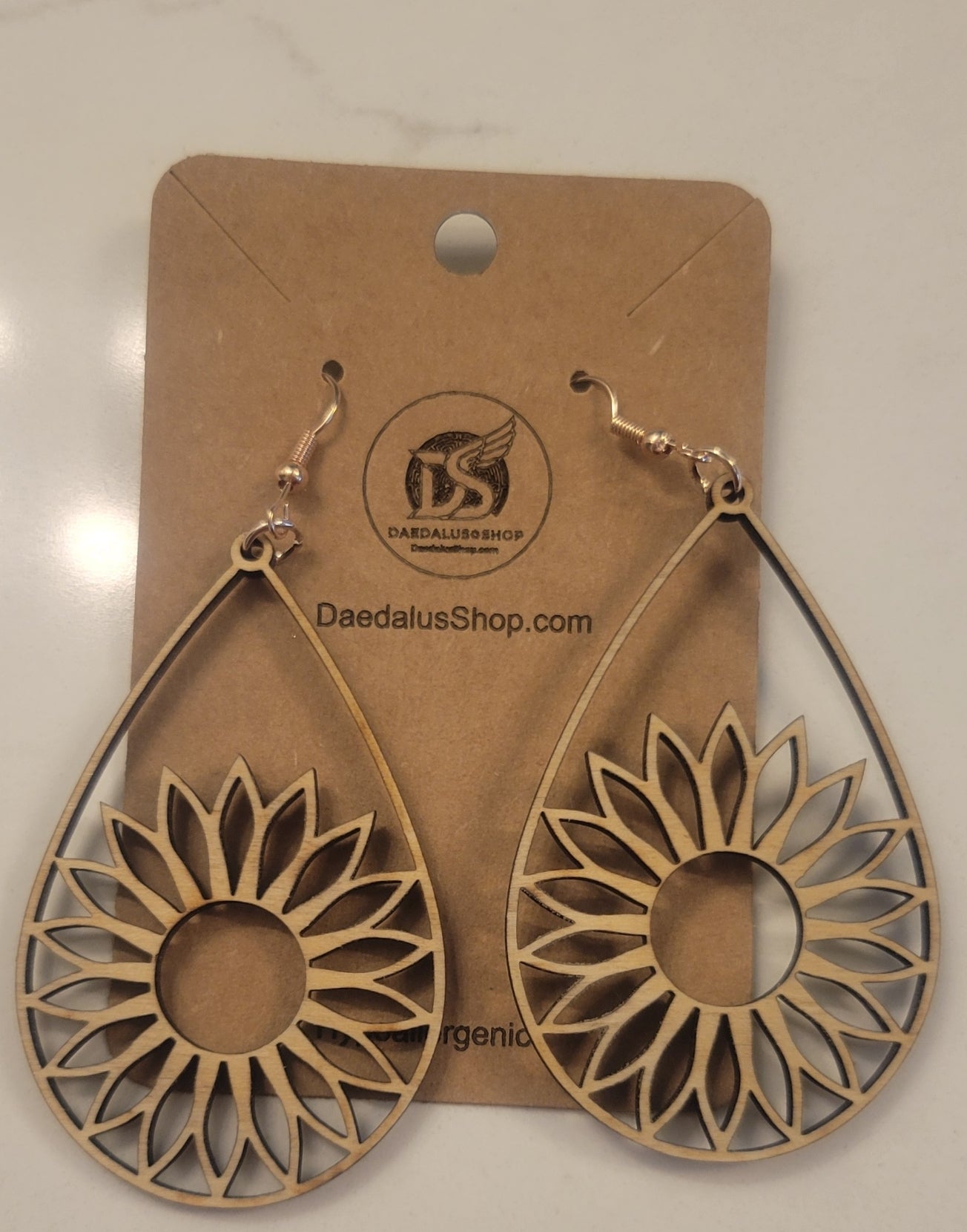 Wooden Cutout Earrings Daisy Teardrop 40mm x 62mm