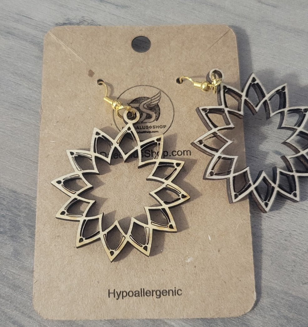 Wooden Cutout Earrings Mandala 40mm x 50mm