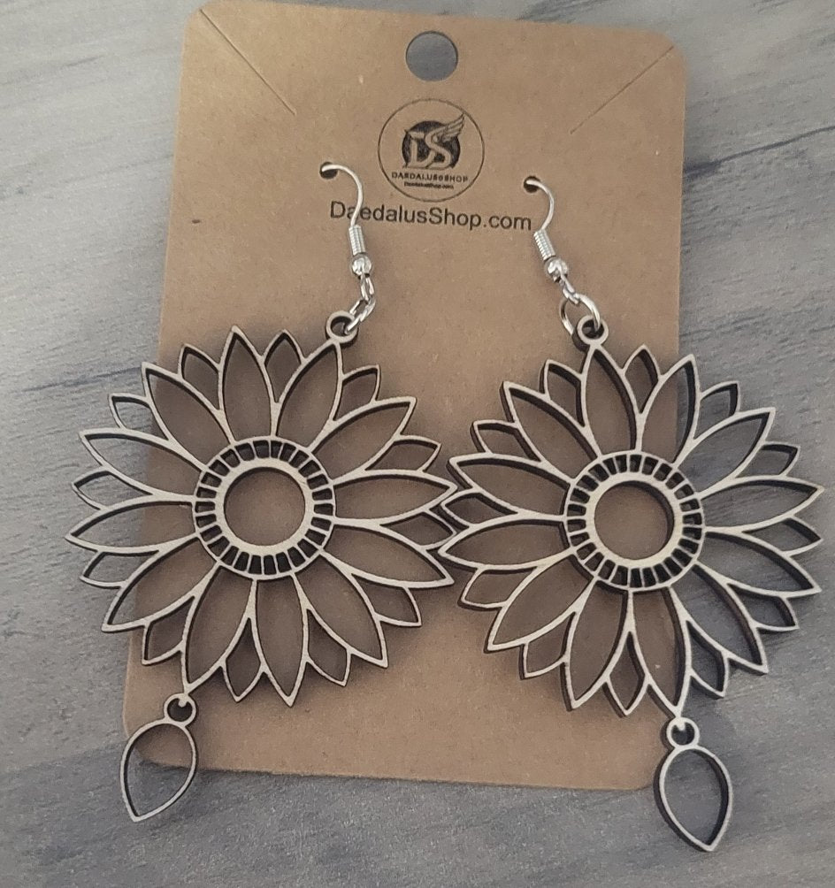 Wooden Cutout Earrings Dangle Flower 45mm x 60mm
