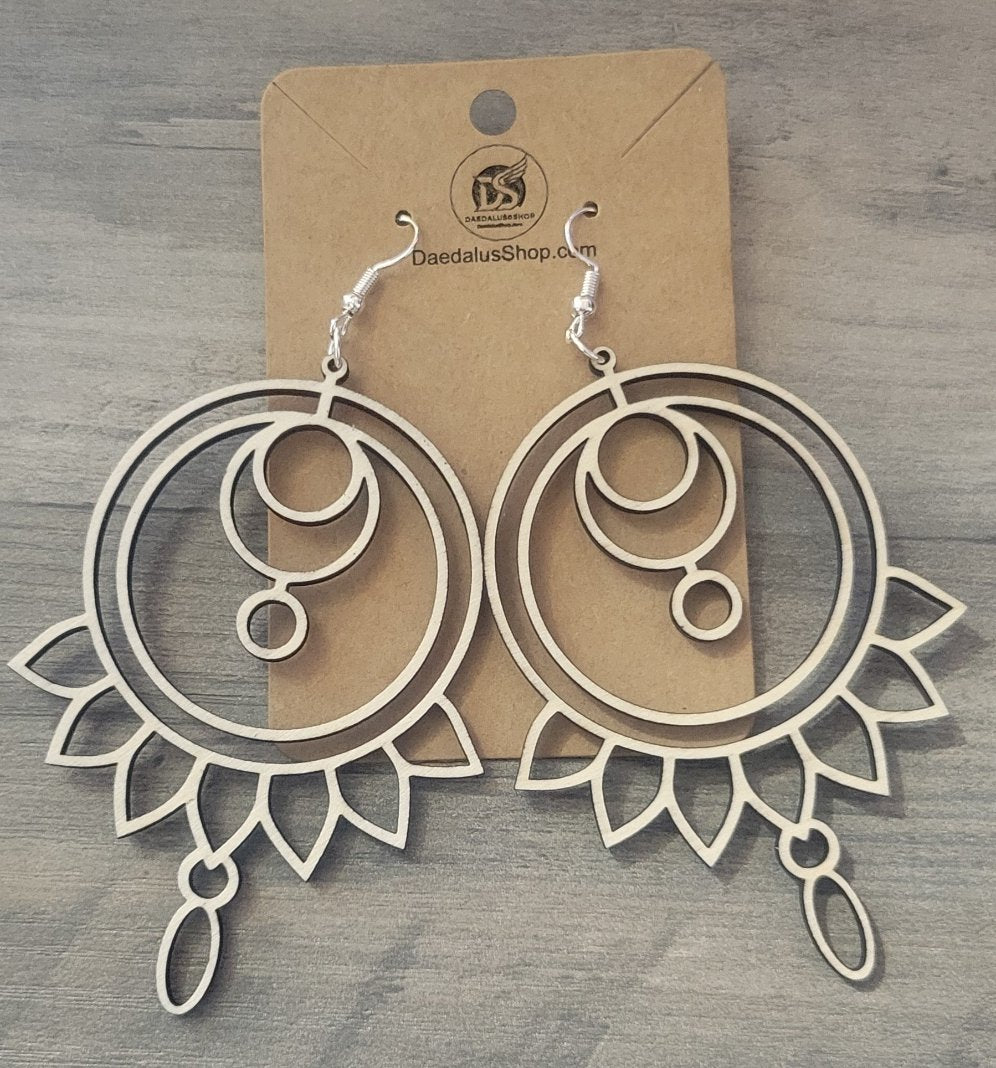 Wooden Cutout Earrings Moon and Sun 60mm x 83mm