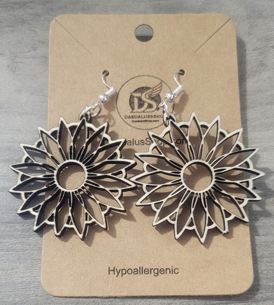 Wooden Cutout Earrings Flower Ring 35mm x 47mm