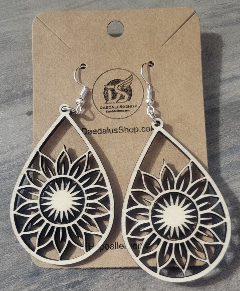 Wooden Cutout Earrings Flower Teardrop 35mm x 54mm