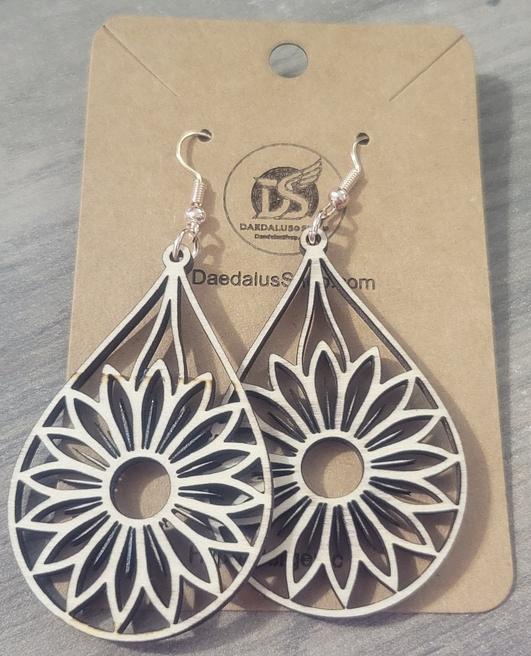 Wooden Cutout Earrings Flower Teardrop 35mm x 54mm