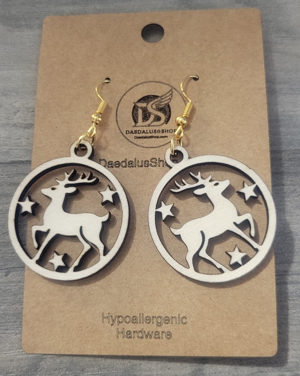 Wooden Reindeer and Stars Earrings - 30mm x 35mm