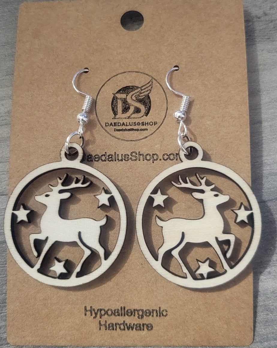 Wooden Reindeer and Stars Earrings - 30mm x 35mm