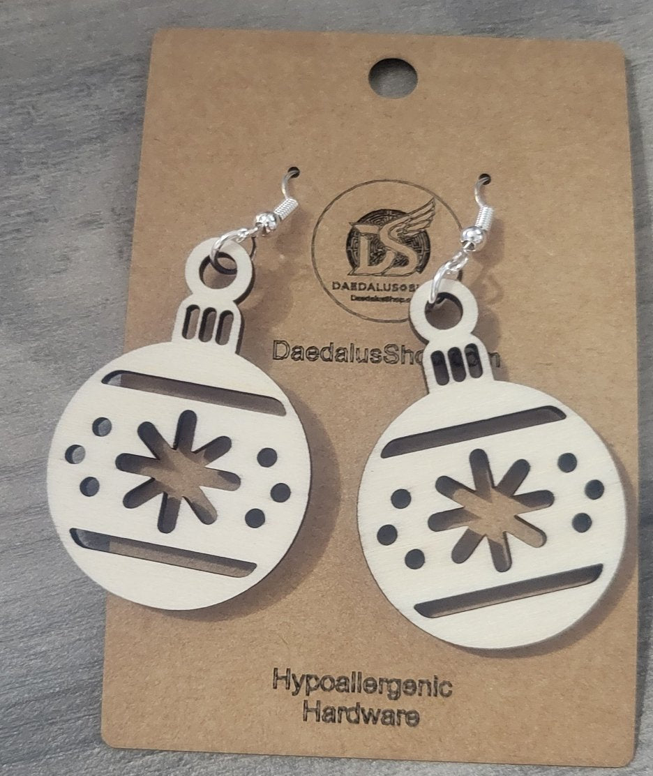 Wooden Christmas Snowflake Ornament Earrings - 30mm x 42mm