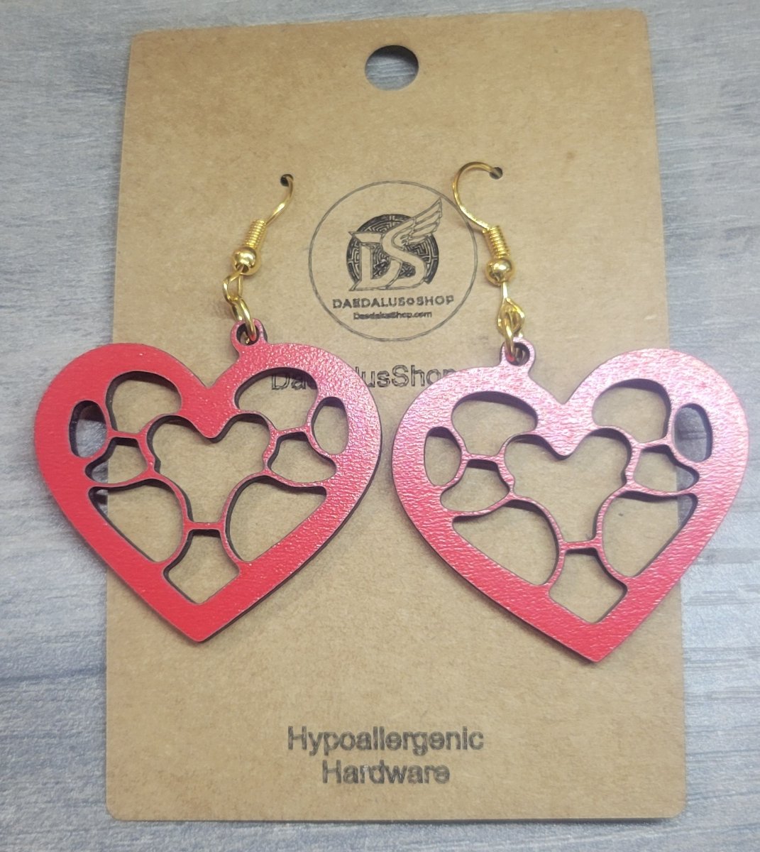 Wooden Heart Stained Glass Design Earrings - 36mm x 34mm