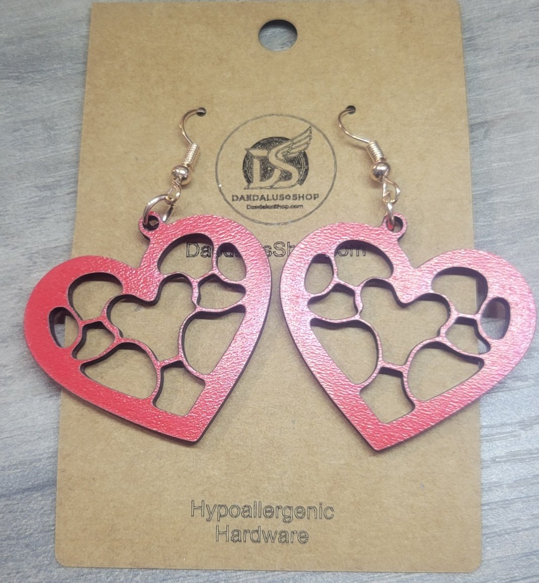 Wooden Heart Stained Glass Design Earrings - 36mm x 34mm