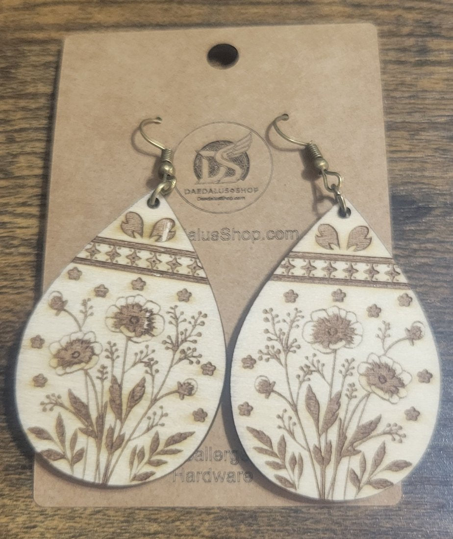 Engraved Flower Earrings Boho Teardrop - 2 Sizes