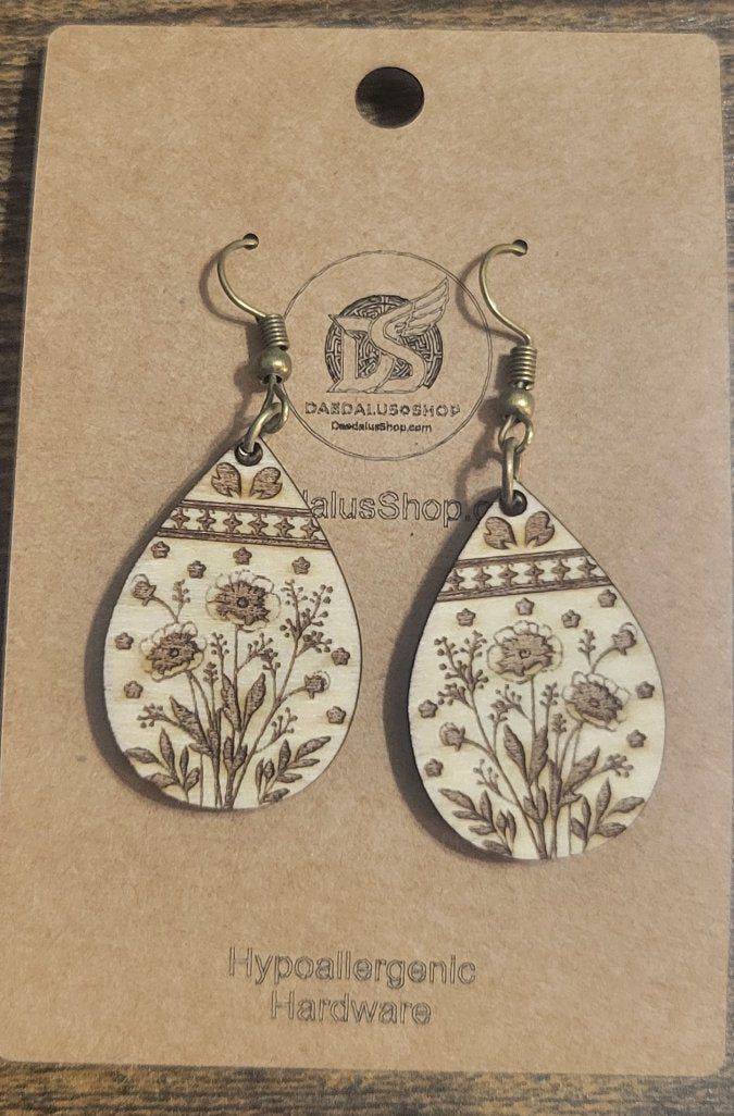 Engraved Flower Earrings Boho Teardrop - 2 Sizes
