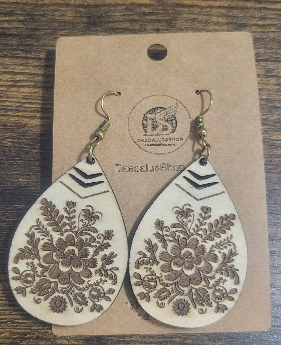 Wooden Spring Flower Boho Teardrop Earrings - 2 Sizes