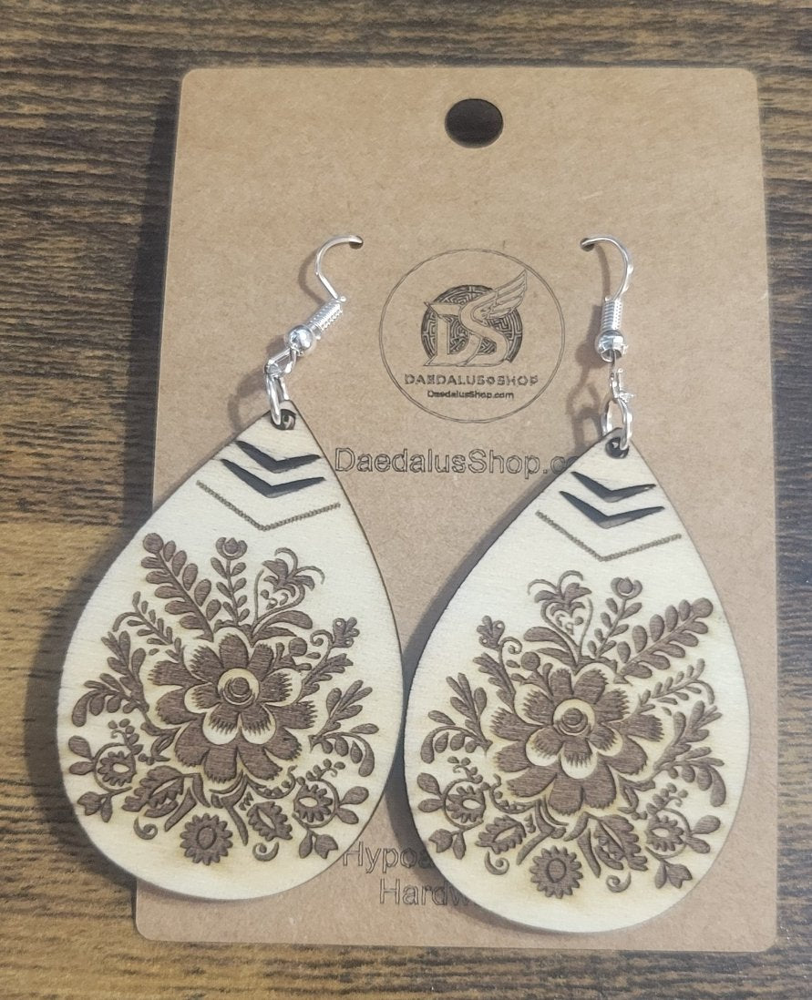 Wooden Spring Flower Boho Teardrop Earrings - 2 Sizes