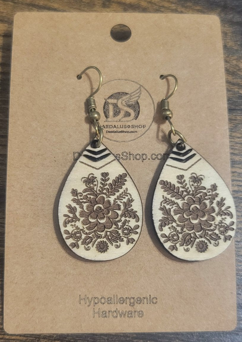 Wooden Spring Flower Boho Teardrop Earrings - 2 Sizes