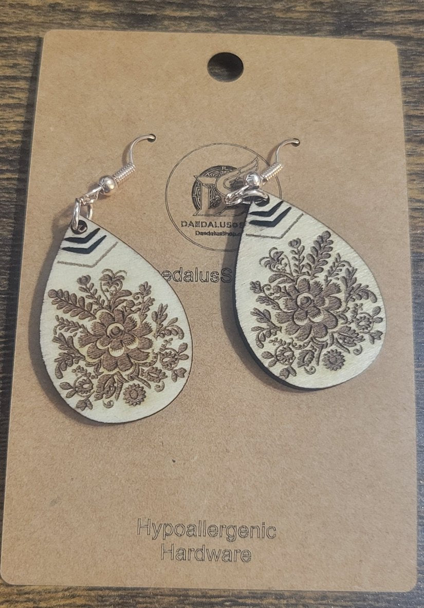 Wooden Spring Flower Boho Teardrop Earrings - 2 Sizes