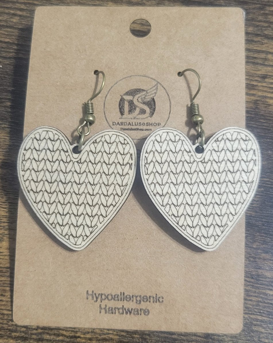 Heart Knitted Engraved Earrings - 32mm x 32mm