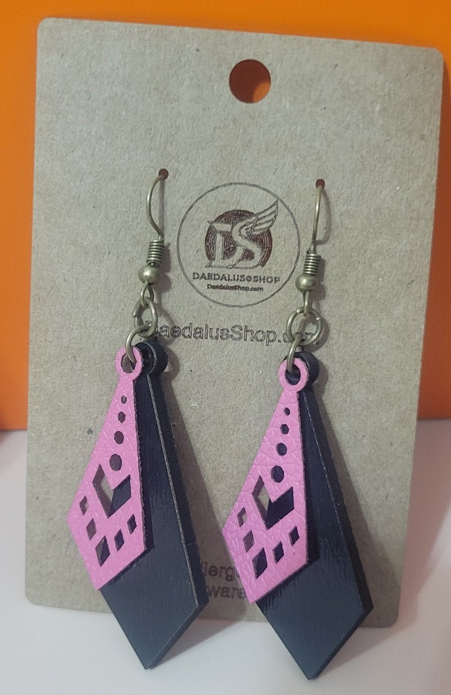 Boho Style Earrings - Wood and Leatherette- 50mm x 20mm