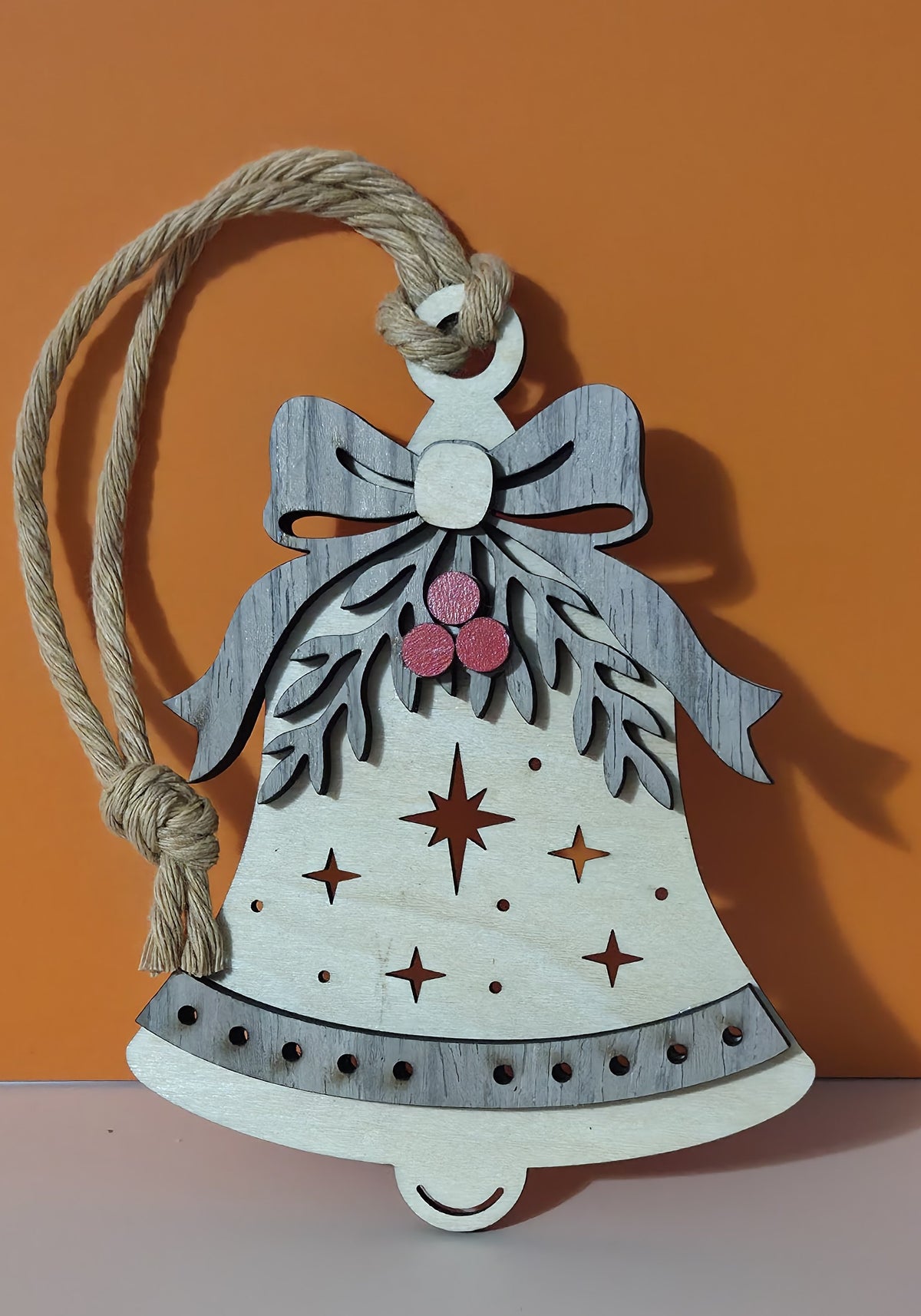 Four Layer Holly and Bow Bell Ornament