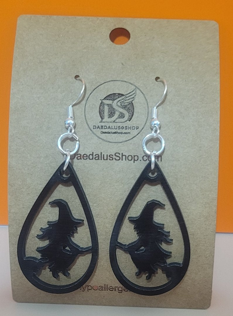 Witch on Broom Wooden Earrings - 23mm x 40mm