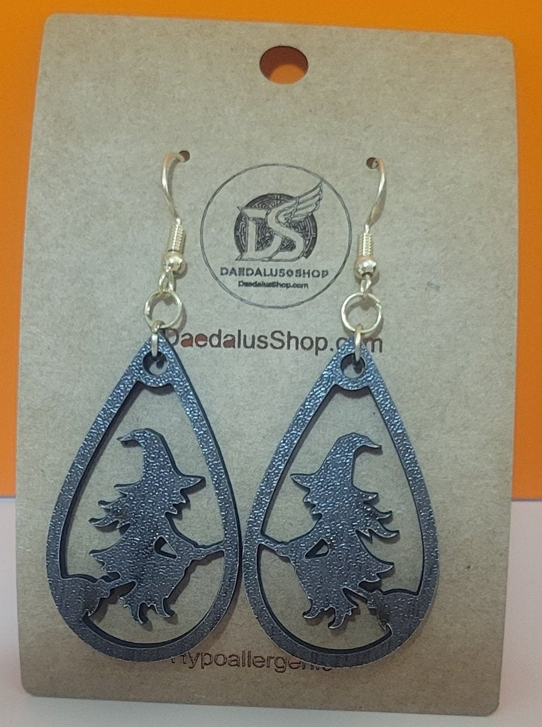 Witch on Broom Wooden Earrings - 23mm x 40mm