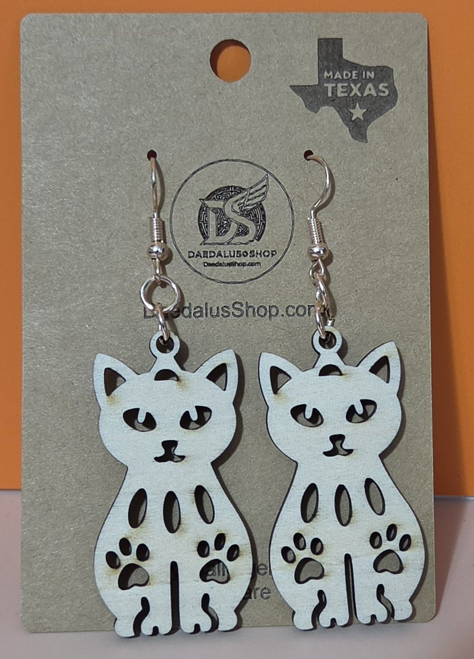Cute Sitting Cat Wooden Earrings
