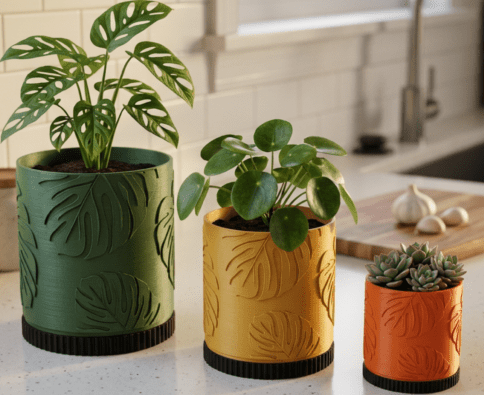 Monstera Theme Plant Pot with Drip Tray - 3D Printed - 3 Sizes